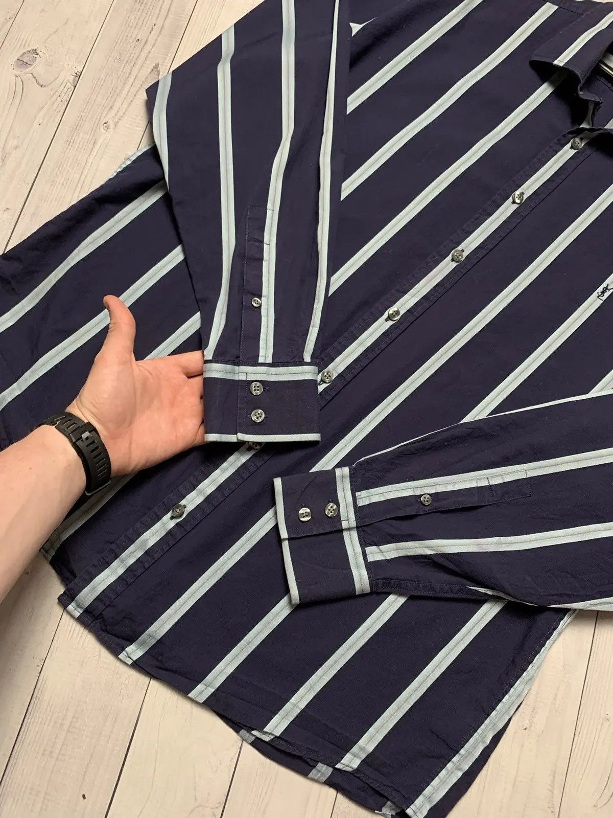 Yves Saint Laurent Vintage Yves Saint Laurent shirt navy YSL logo L striped Size US L / EU 52-54 / 3 - 7 Thumbnail