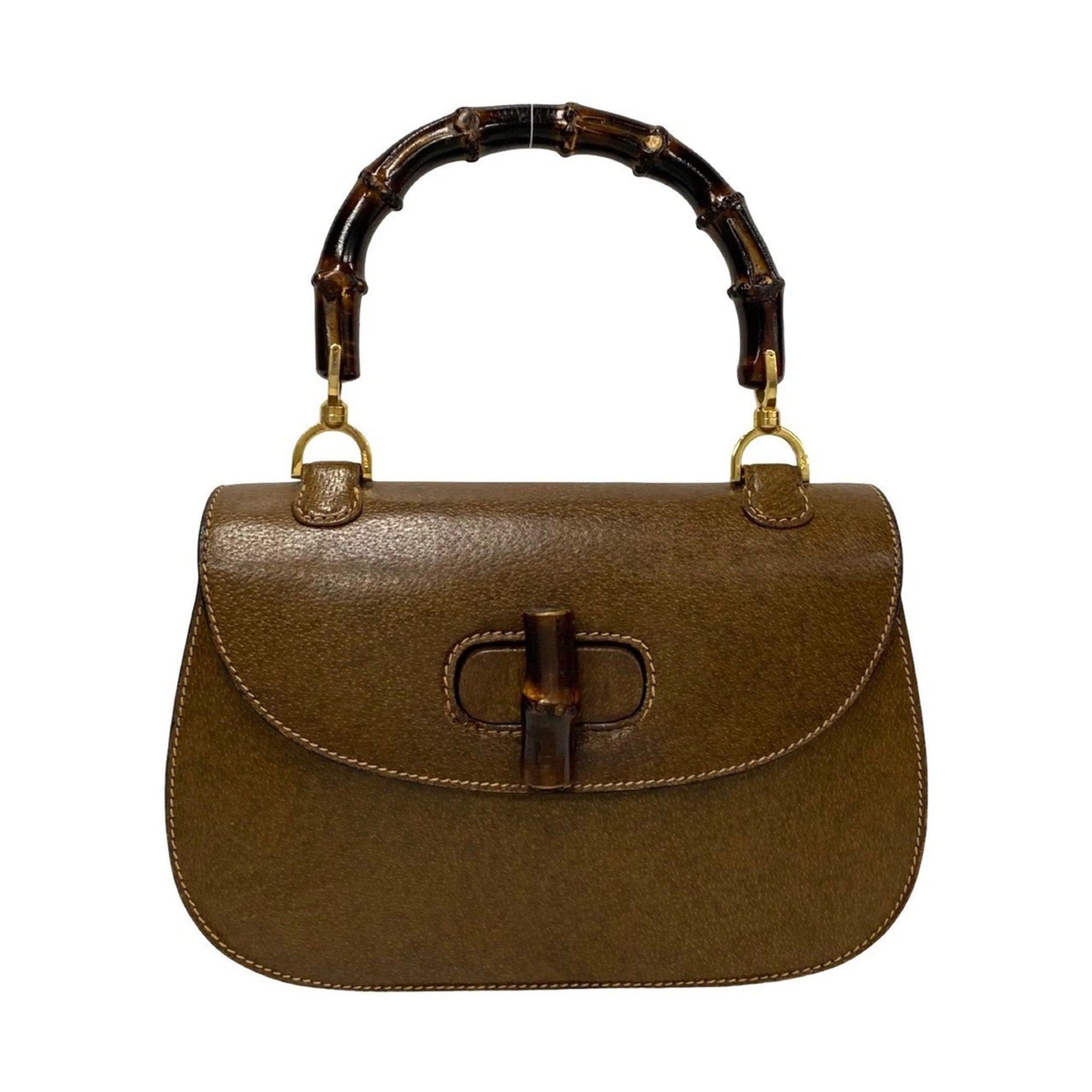 image of Gucci Old Bamboo Leather Turnlock Handbag Brown 20539, Women's
