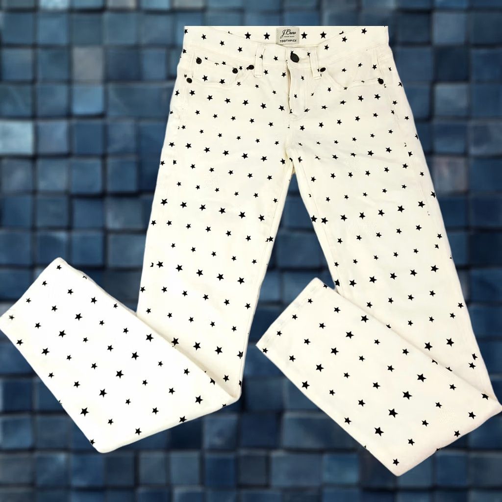J.Crew J.CREW Toothpick Skinny Jean Women 24 White Star Print Mid Rise Stretch EUC - Regular - 26x27 - 4th Of July Theme - Stars - Denim - Cotton Blend Size 26" / US 2 / IT 38 - 1 Thumbnail