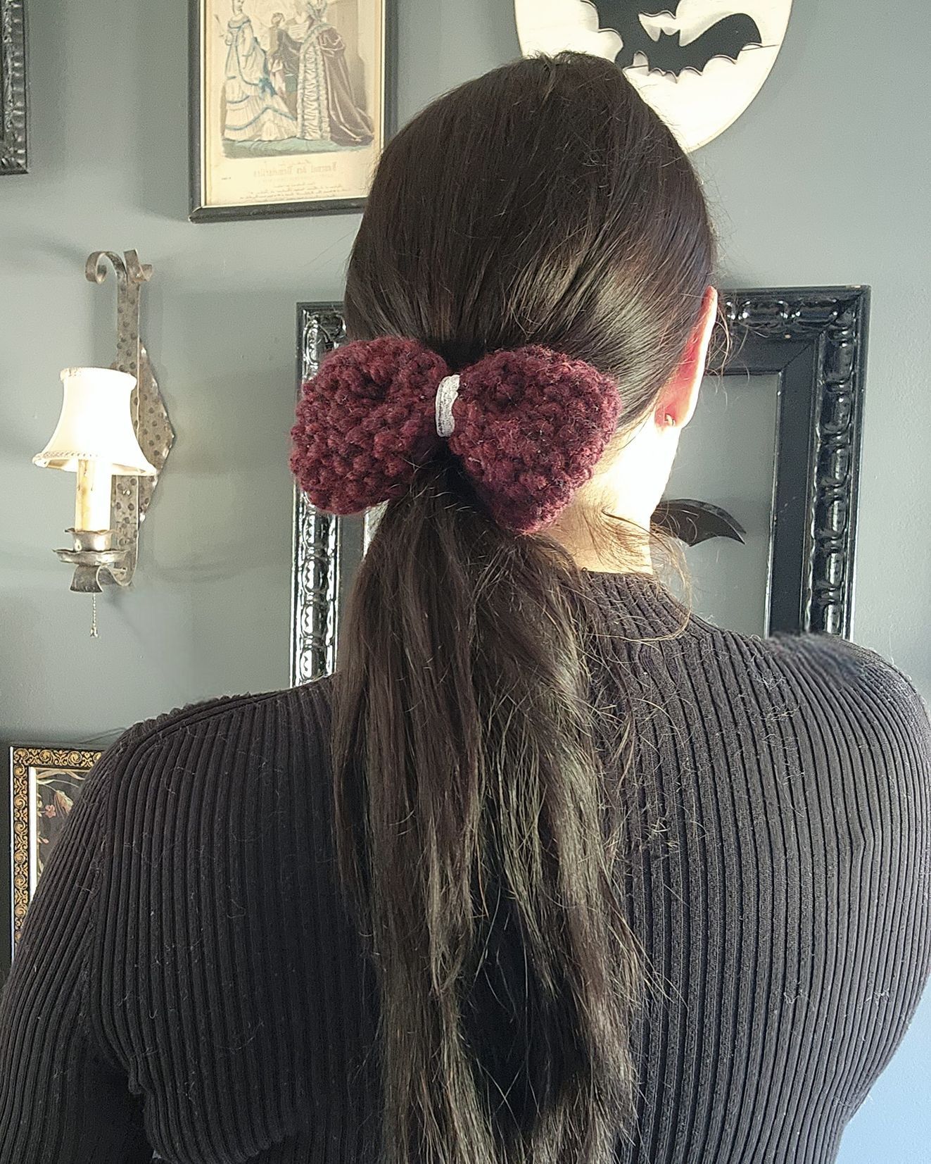 Handmade Knit Hair Bow, Handknitted Burgundy Ponytail Holder or Hair Size ONE SIZE - 9 Thumbnail