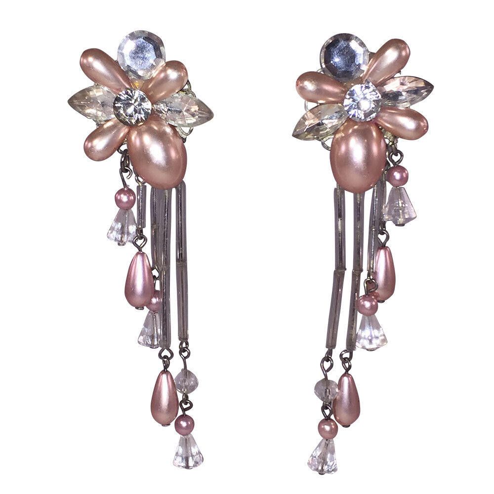 Handmade Hand Made Pink Pearl Rhinestone Dangle Chandelier Earrings Size ONE SIZE - 1 Thumbnail