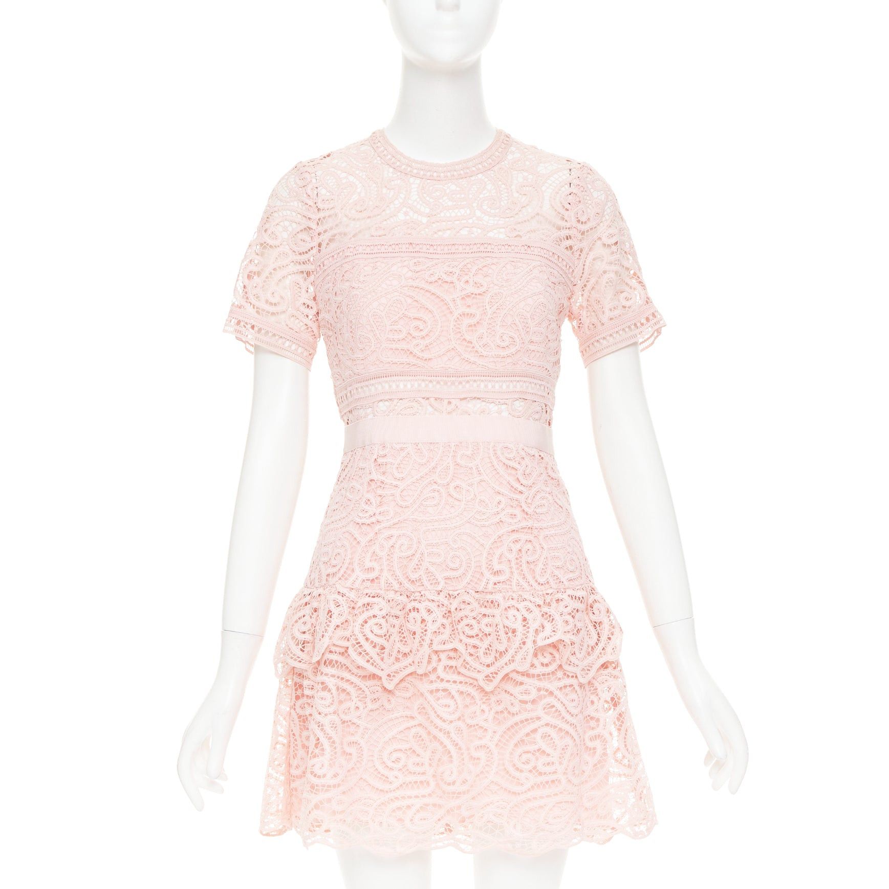 Self-Portrait SELF PORTRAIT 2022 Abstract Guipure pink embellished lace sheer tiered skirt dress UK8 S Size S / US 4 / IT 40 - 1 Thumbnail