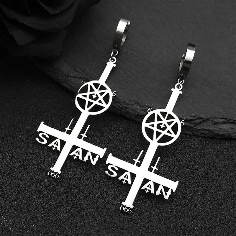 Jewelry Satan Inverted Pentagram Cross Hoop Earrings Jewelry Gift Size ONE SIZE - 4 Thumbnail