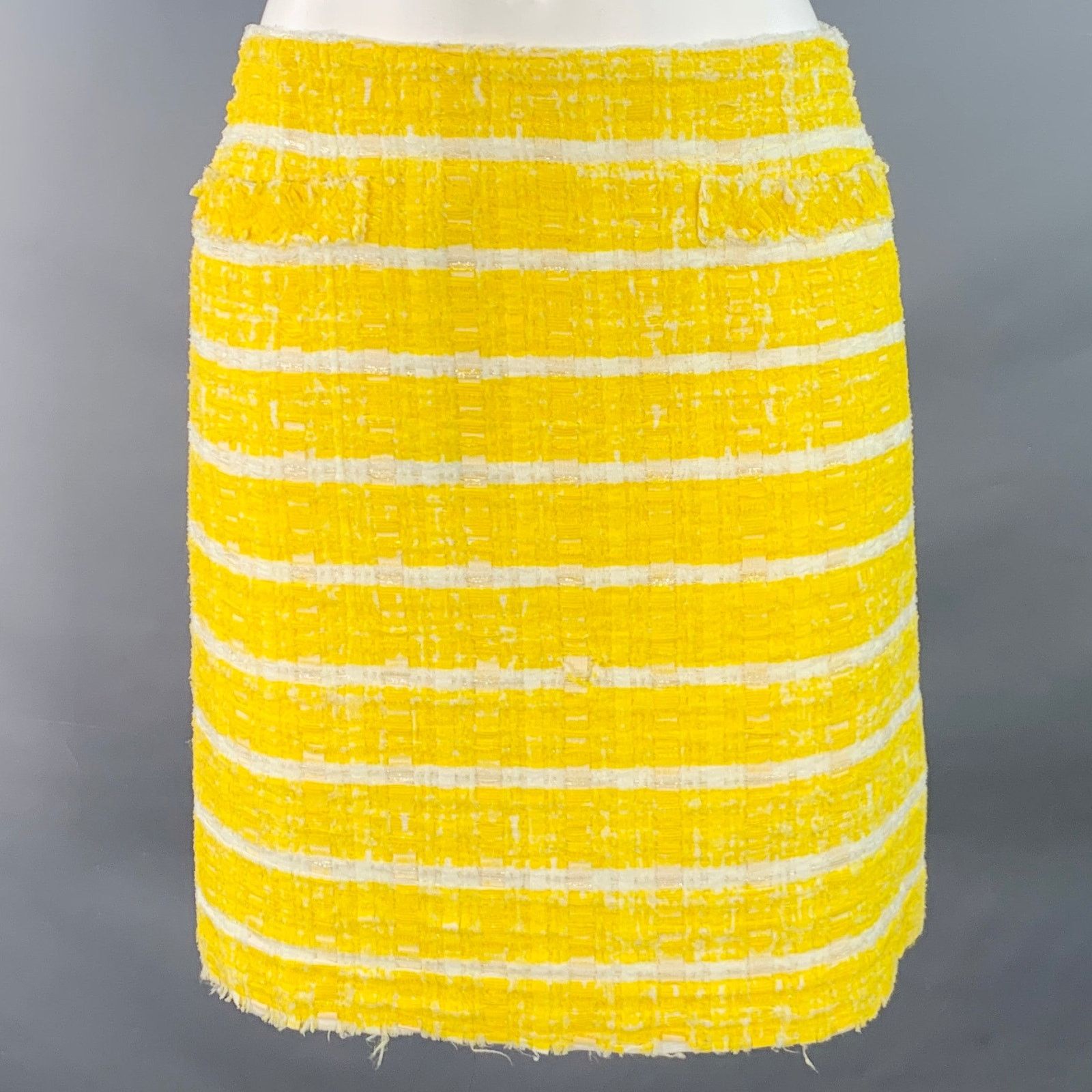 Size 2 Yellow White Boucle Stripe Two Pockets Mini Skirt