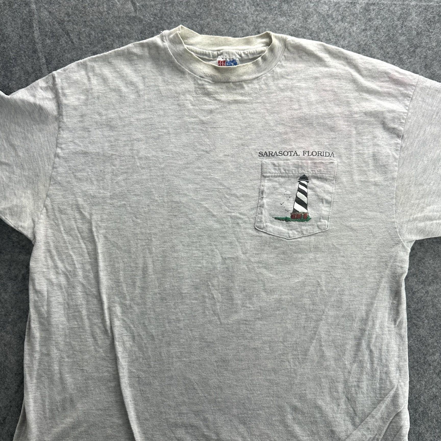 Hanes VINTAGE Sarasota Florida Lighthouse Shirt Mens XL Gray Hanes Pocket 90s Beach Map Mens XL Gray Nautical Travel 1990s Size US XL / EU 56 / 4 - 6 Thumbnail