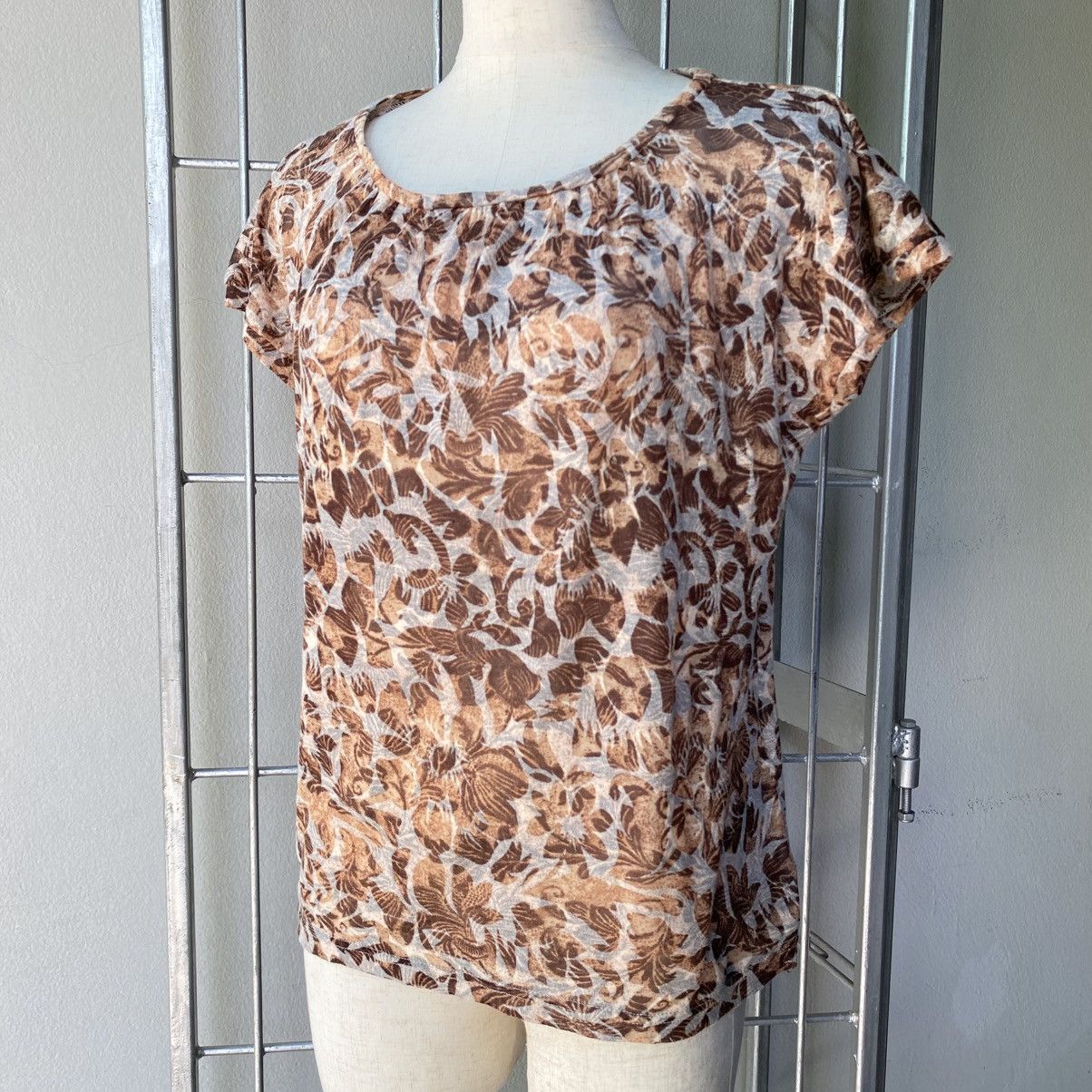 Issey Miyake Plantation Brown Leaf Print Short Sleeve Blouse Size M / US 6-8 / IT 42-44 - 20 Thumbnail