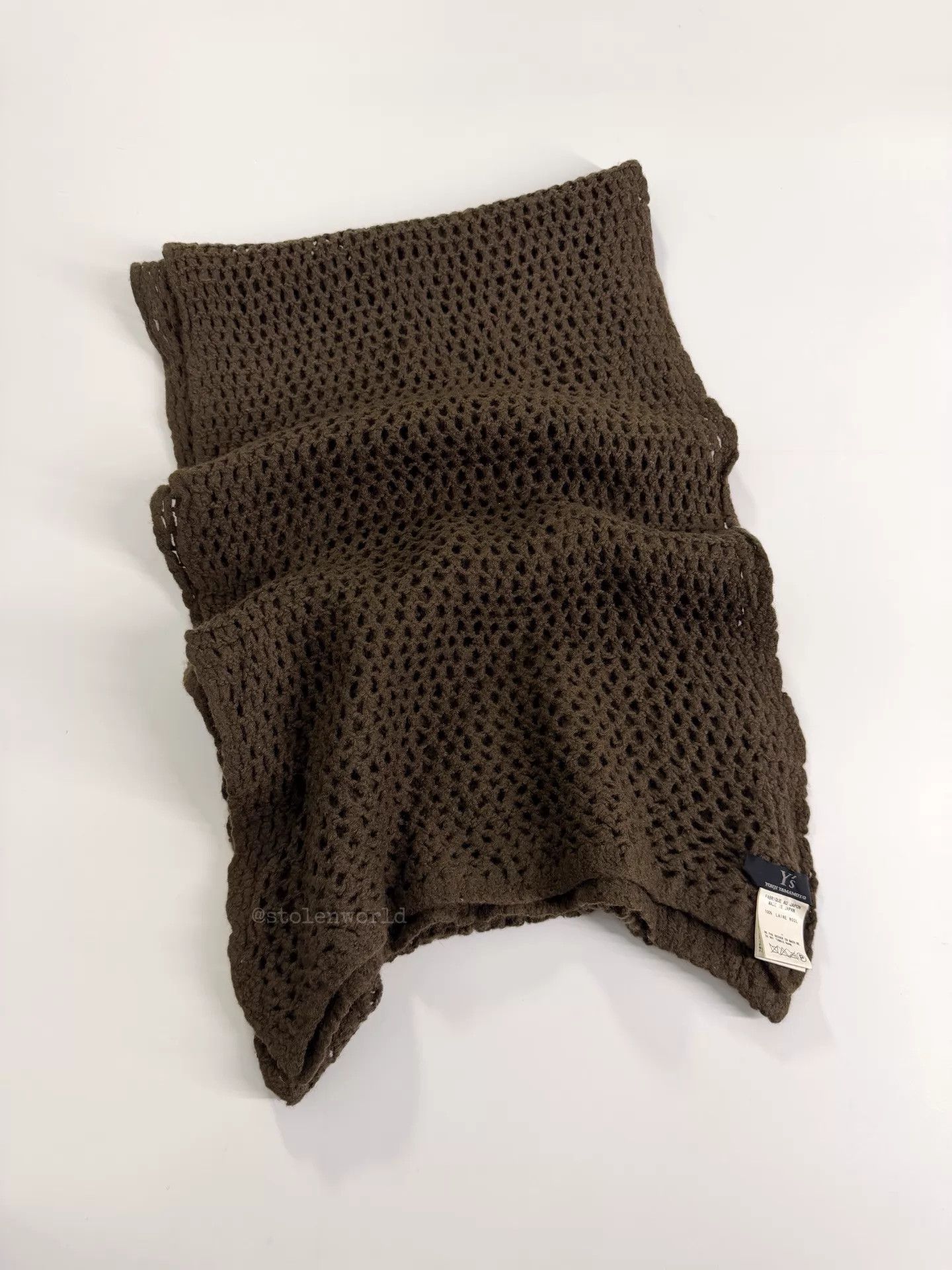 Yohji Yamamoto Yohji Yamamoto Y's Crochet Mesh Wool Scarf Moss Brown Size ONE SIZE - 8 Thumbnail
