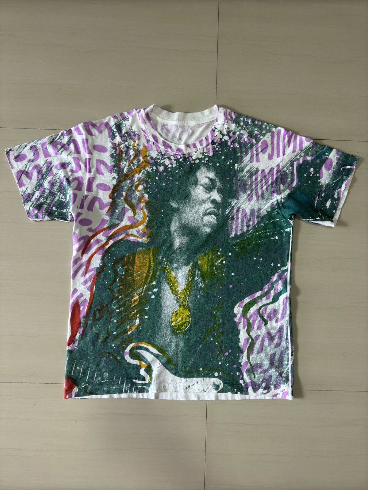 Band Tees × Vintage 90s Jimi Hendrix AOP All Over Print VTG Rock Tee Hanes Shirt Size US L / EU 52-54 / 3 - 3 Thumbnail