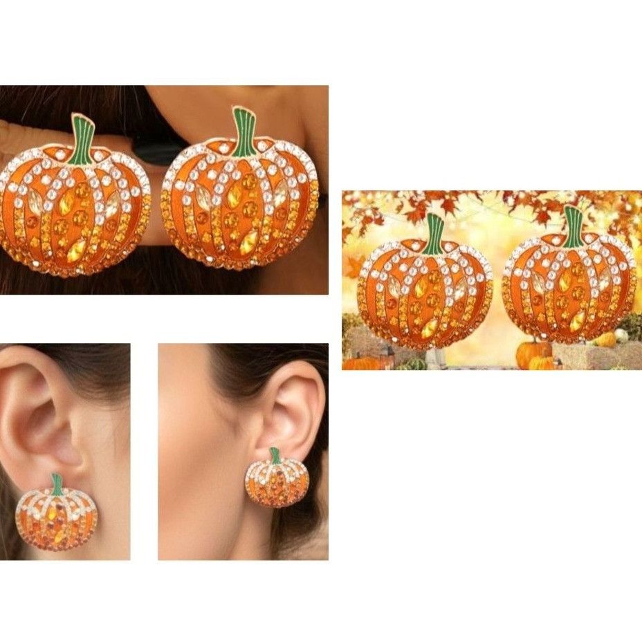 Handmade Pumpkin Earrings New Rhinestones Pierced Posts Thanksgiving Size ONE SIZE - 3 Thumbnail