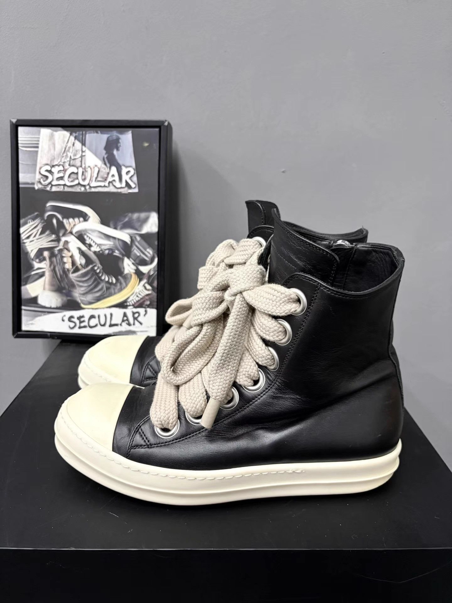 Rick Owens Rick Owens Black White Leather Thick Lace High Sneakers K34 Size US 7 / EU 40 - 2 Thumbnail