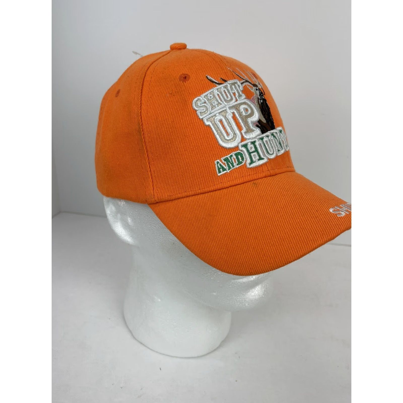 Vintage HUNTING Adjustable Hat Cap "Shut Up and Hunt" Orange Mens OSFM Adjustable Ball Cap Orange FDA? Size ONE SIZE - 3 Thumbnail