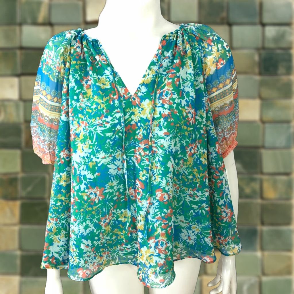 Vintage Current Air Blouse Shirt Womens M Green Peasant Smock Pullover V-Neck Short Sleeve Batik All Over Print Casual Summer Spring Size M / US 6-8 / IT 42-44 - 1 Thumbnail