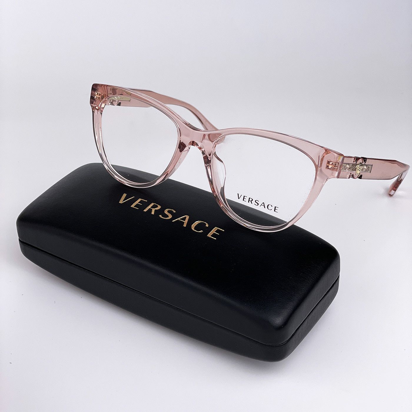 image of New Versace Ve3304F 5339 Cat Eye Women Eyeglasses in Transparent Pink/Demo Lenses