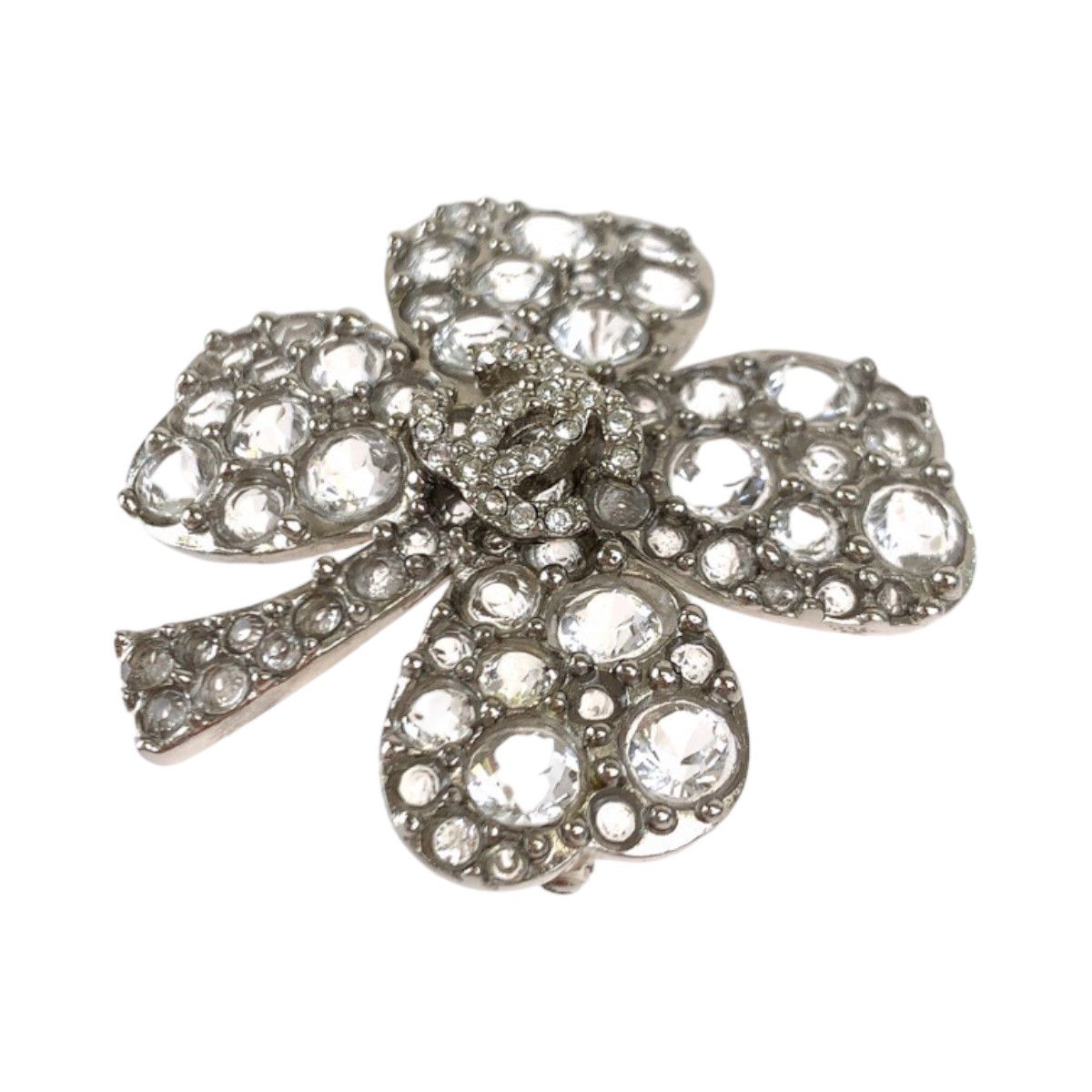 Chanel Chanel Chanel Silver Clover Brooch with Rhinestones Metal Brooch 07V Size ONE SIZE - 1 Thumbnail