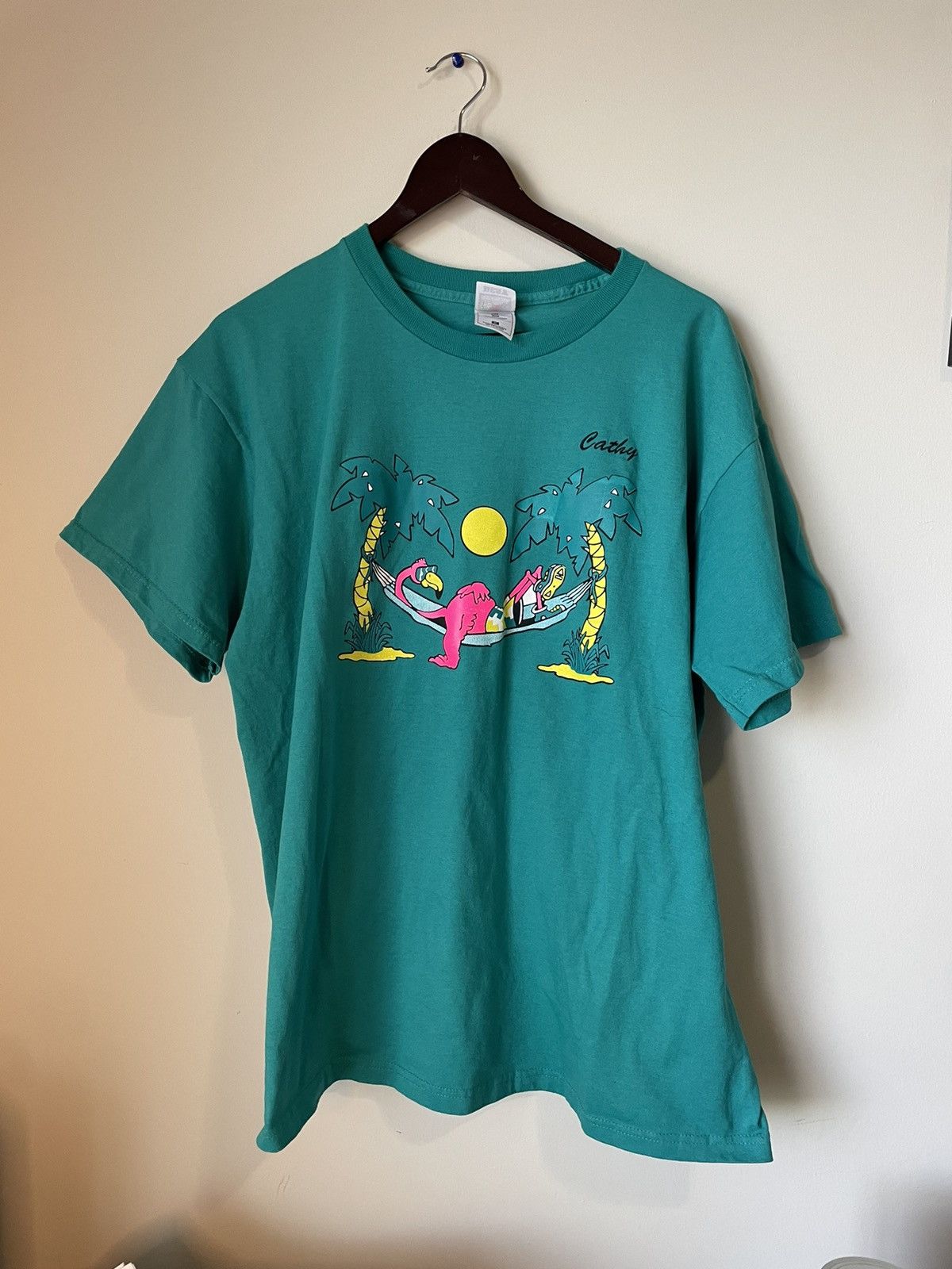 Vintage Vintage 90s neon Cathy flamingo tee Size US XL / EU 56 / 4 - 1 Thumbnail