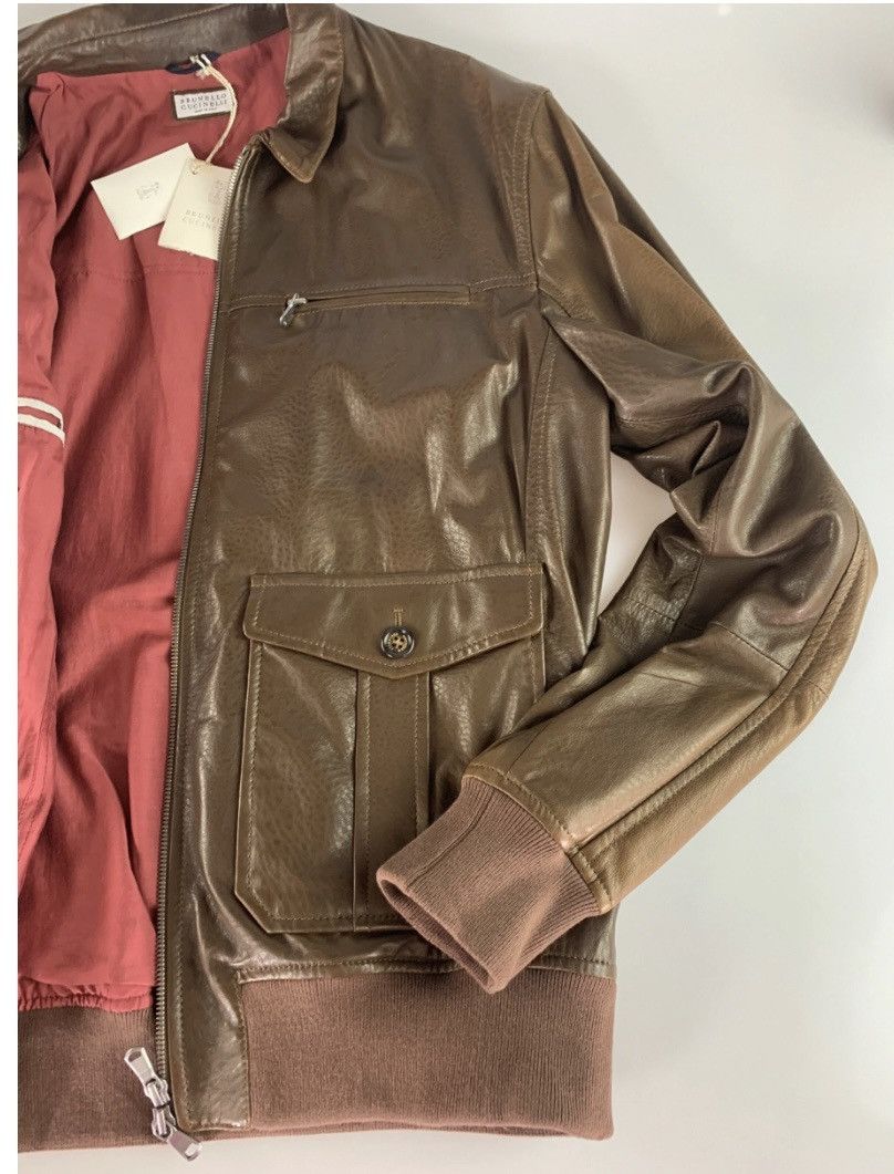 Brunello Cucinelli Brunello Cucinelli 🇮🇹 mocha leather silk lined bomber L NWT Size US L / EU 52-54 / 3 - 13 Thumbnail