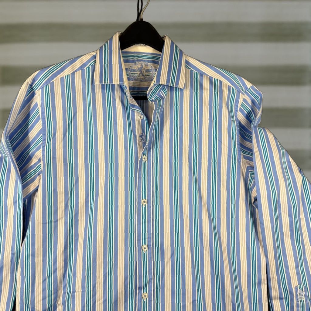 BUGATCHI Bugatchi Button-Up Shaped Fit Shirt Mens L White Blue Striped Long Sleeve Size US L / EU 52-54 / 3 - 1 Thumbnail