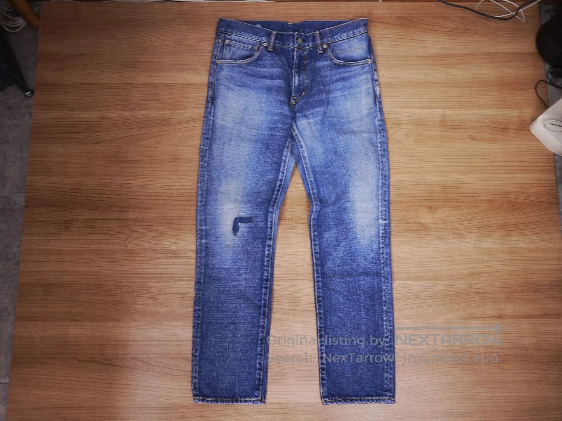 Blue Denim Jeans with Distressed Detail - Size 32.