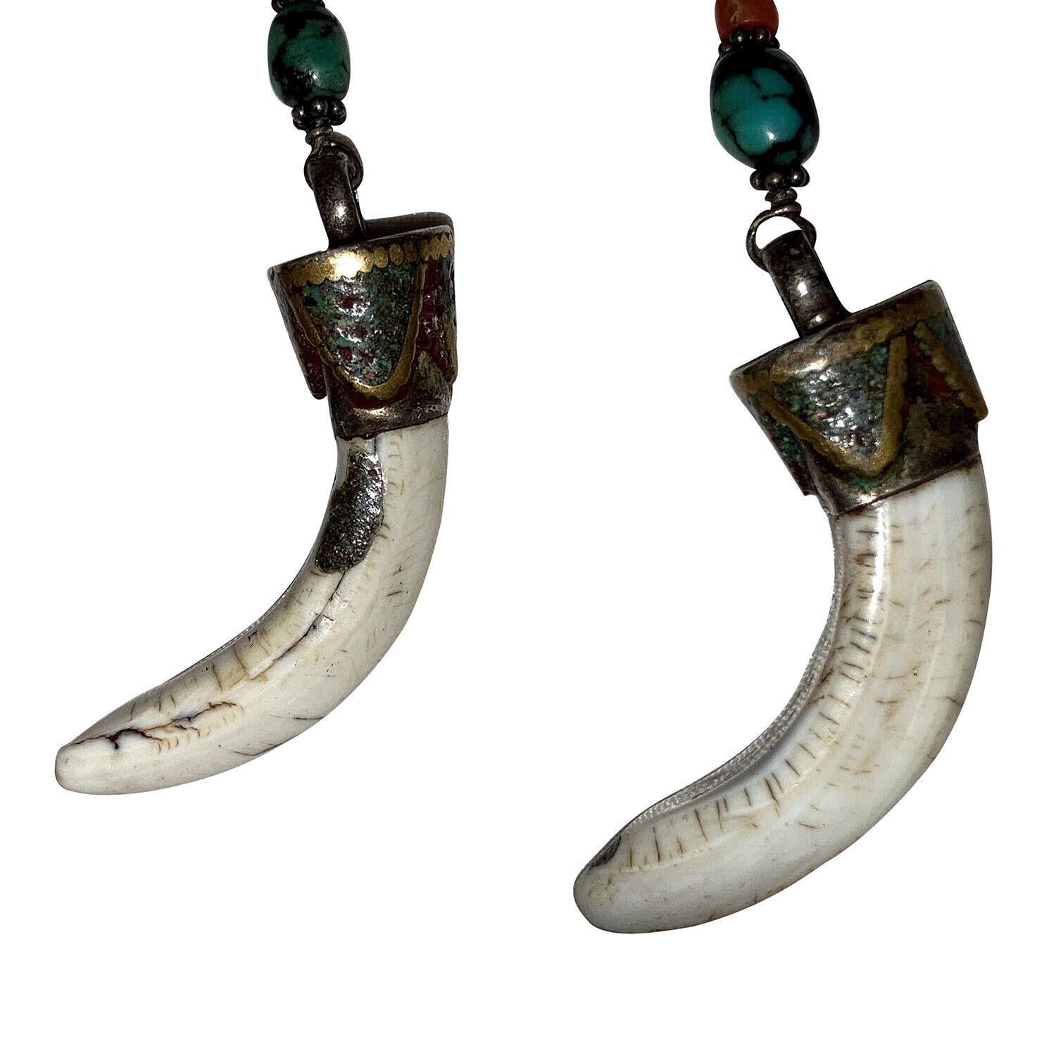 Designer Tibetan Sterling Red Coral Turquoise Shell Tusk Earrings Size ONE SIZE - 5 Thumbnail