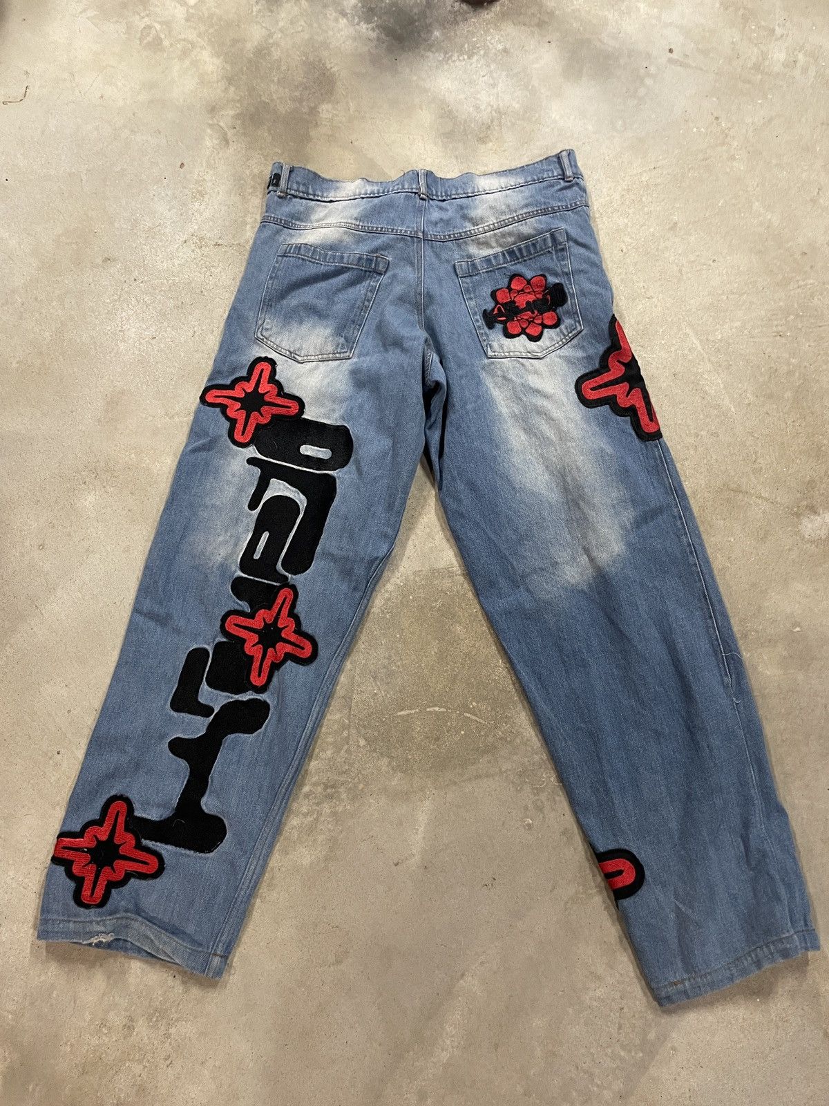 Other × Vintage Vintage Washed Denim Jeans - Red Patches Size US 35 - 5 Thumbnail