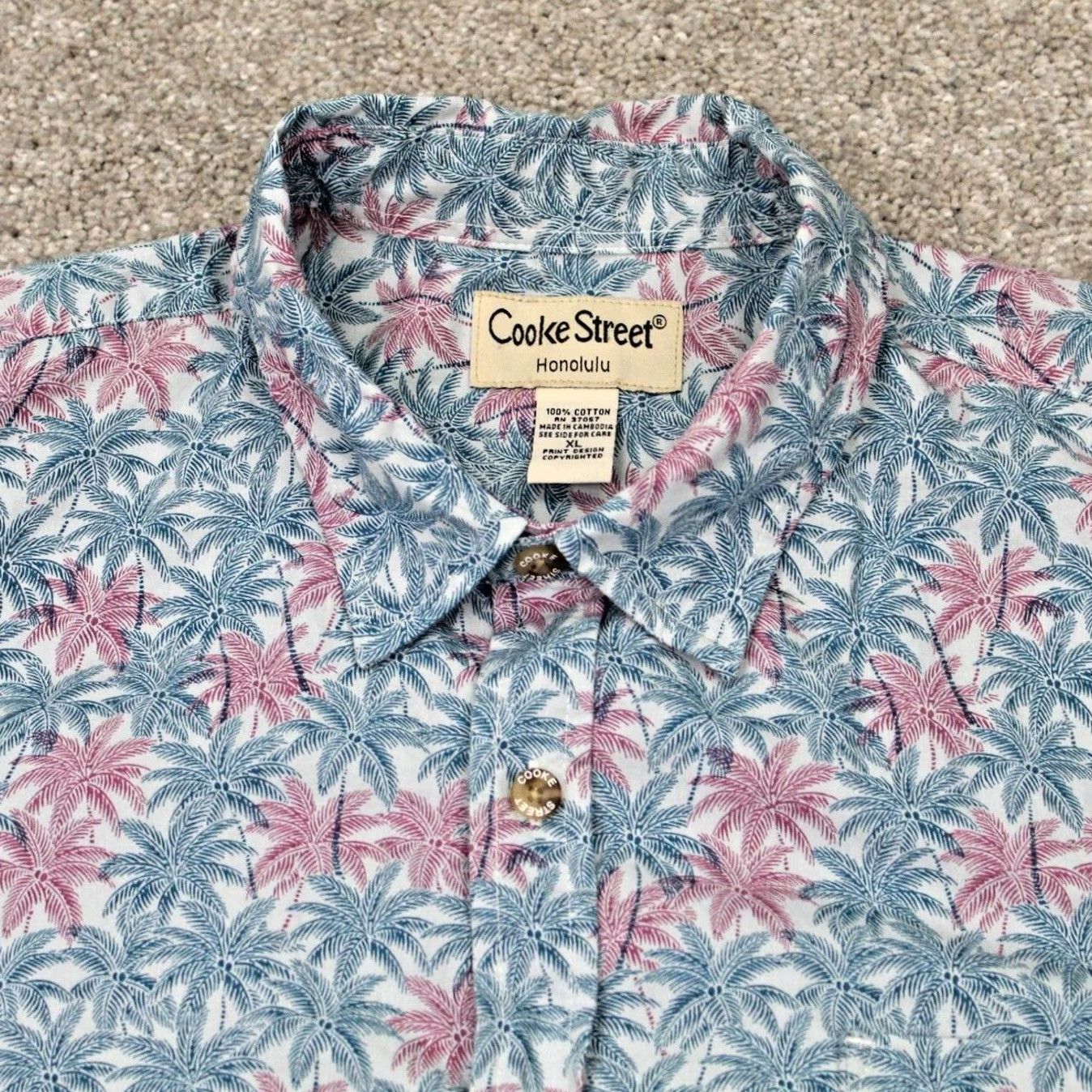 Vintage Cooke Street Hawaiian Shirt Mens XL Pink/Blue Cotton Palm Tree Print S/S Button Up Shirt Size US XL / EU 56 / 4 - 2 Thumbnail
