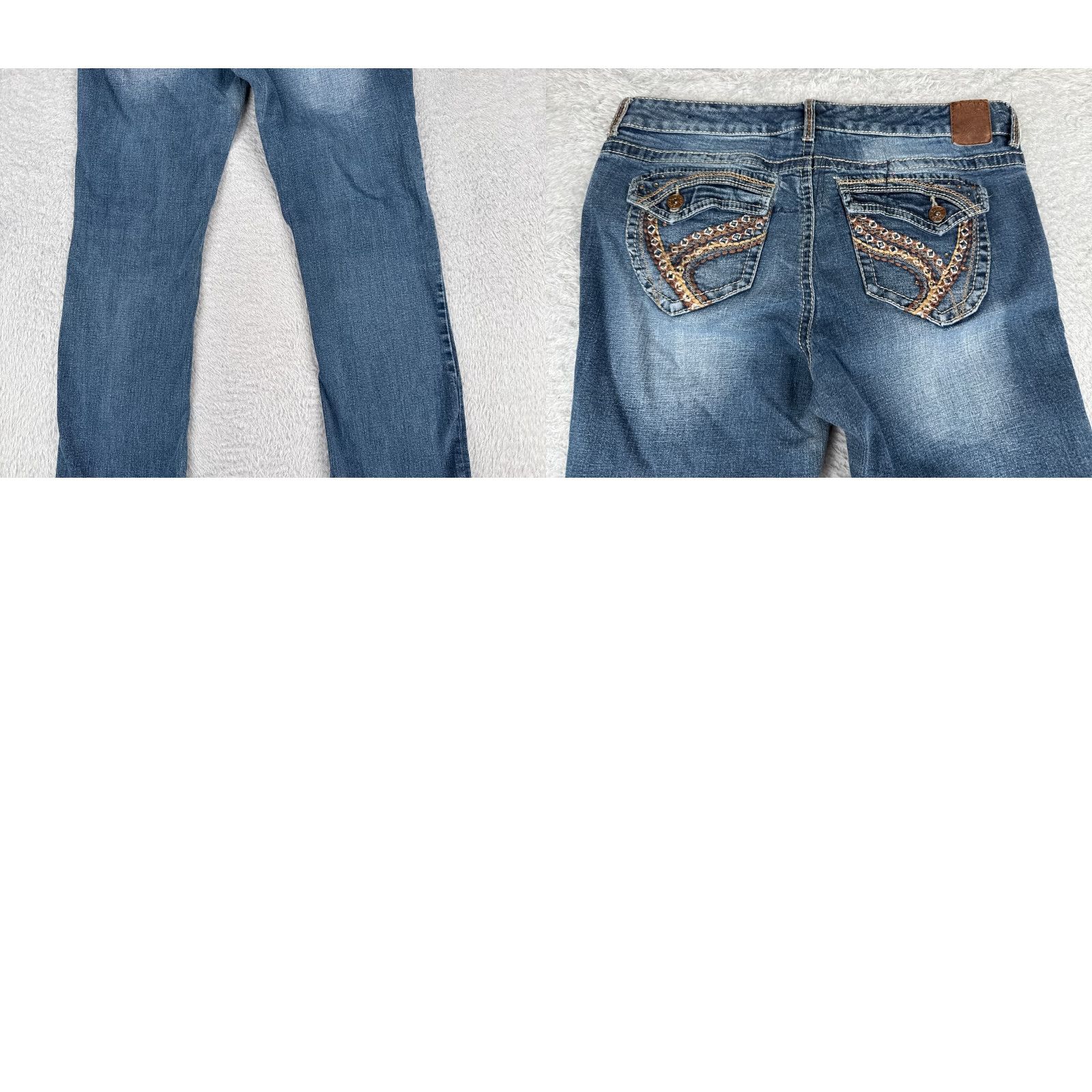Denime Ariya Jeans Pants Juniors 15 Blue Denim Flared Mid Rise 32x31 Embroidered Distressed Stretch Cotton Size 36" / US 14 / IT 50 - 10 Thumbnail