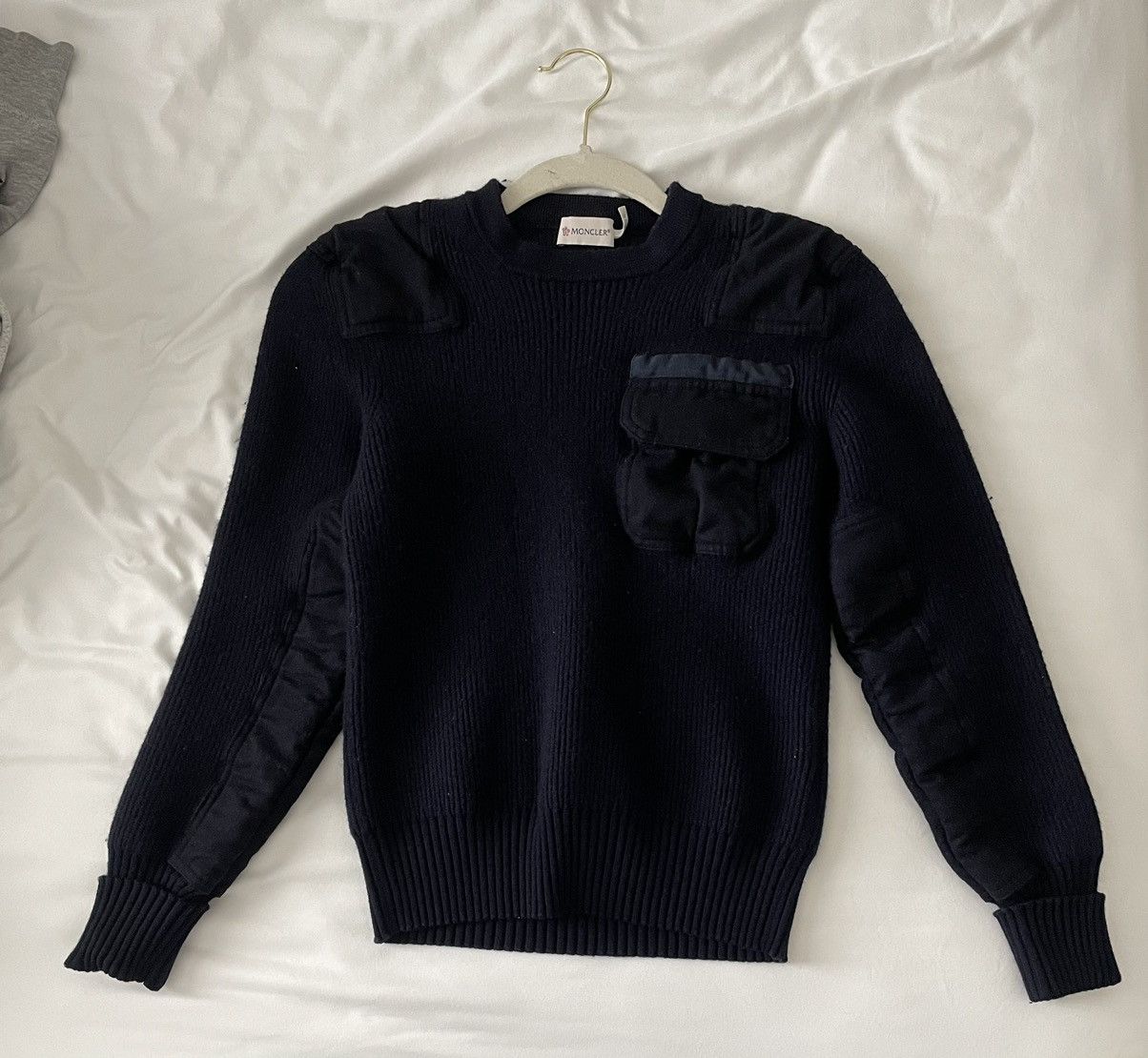image of Moncler Virgin Wool Crew Neck Pullover in Navy Blue, Men's (Size Small)