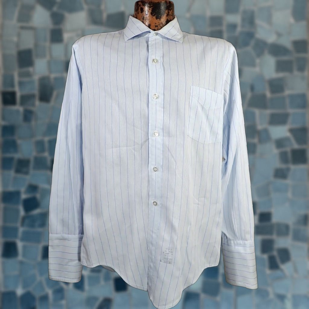 Enro VINTAGE Enro Men's Dress Shirt White Blue Striped 1960s Civilian Cotton French Cuff L Mens 46 inch Size 42R - 1 Thumbnail