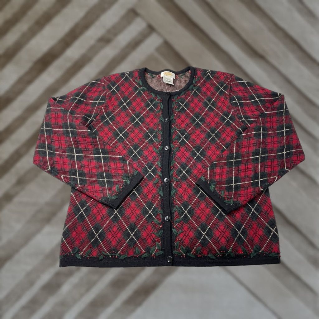 Talbots Talbots Cardigan Sweater L Red Christmas Plaid Holly Argyle Wool Tartan 100% Merino Womens Mens? (note: must not add info). Size L / US 10 / IT 46 - 1 Thumbnail