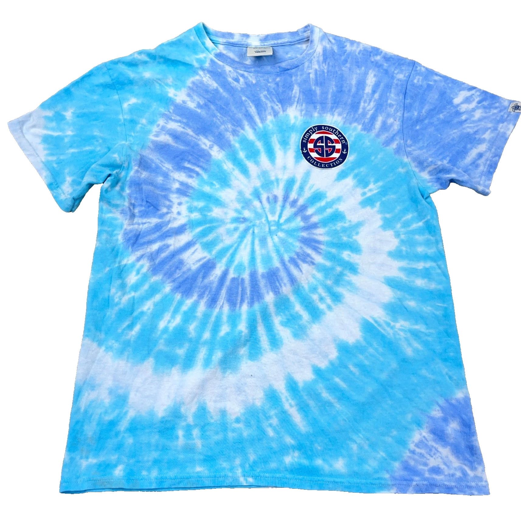 Vintage Simply Southern Women's Medium Blue Tie Dye T-Shirt with Bumble Bee & American Flag Graphic Size M / US 6-8 / IT 42-44 - 2 Thumbnail