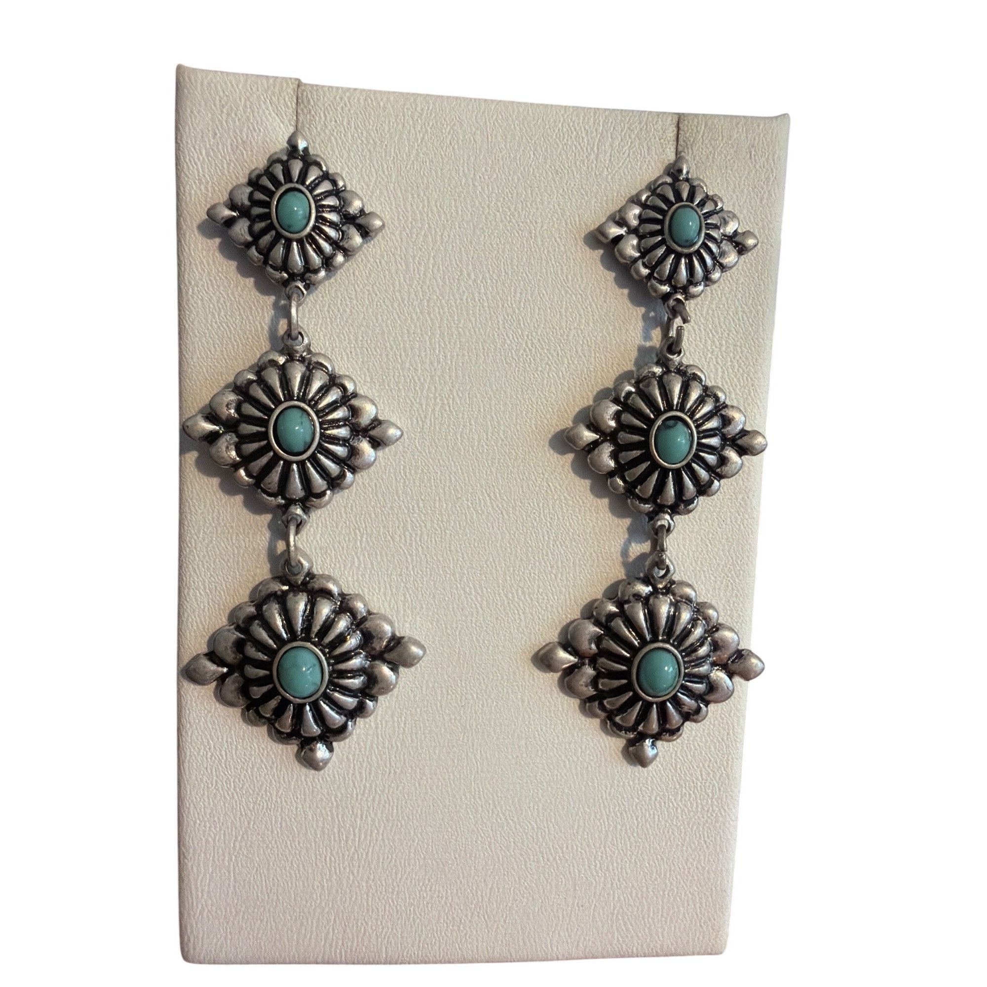 Other Silver Tone Dangle Concho Earrings Turquoise Cabochons Intri Size ONE SIZE - 1 Thumbnail