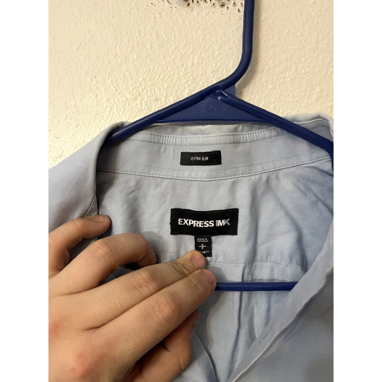 Express Express 1MX Extra Slim Fit Solid Dress Shirt Adult Small Blue Business Casual Mens Size 36R - 3 Thumbnail