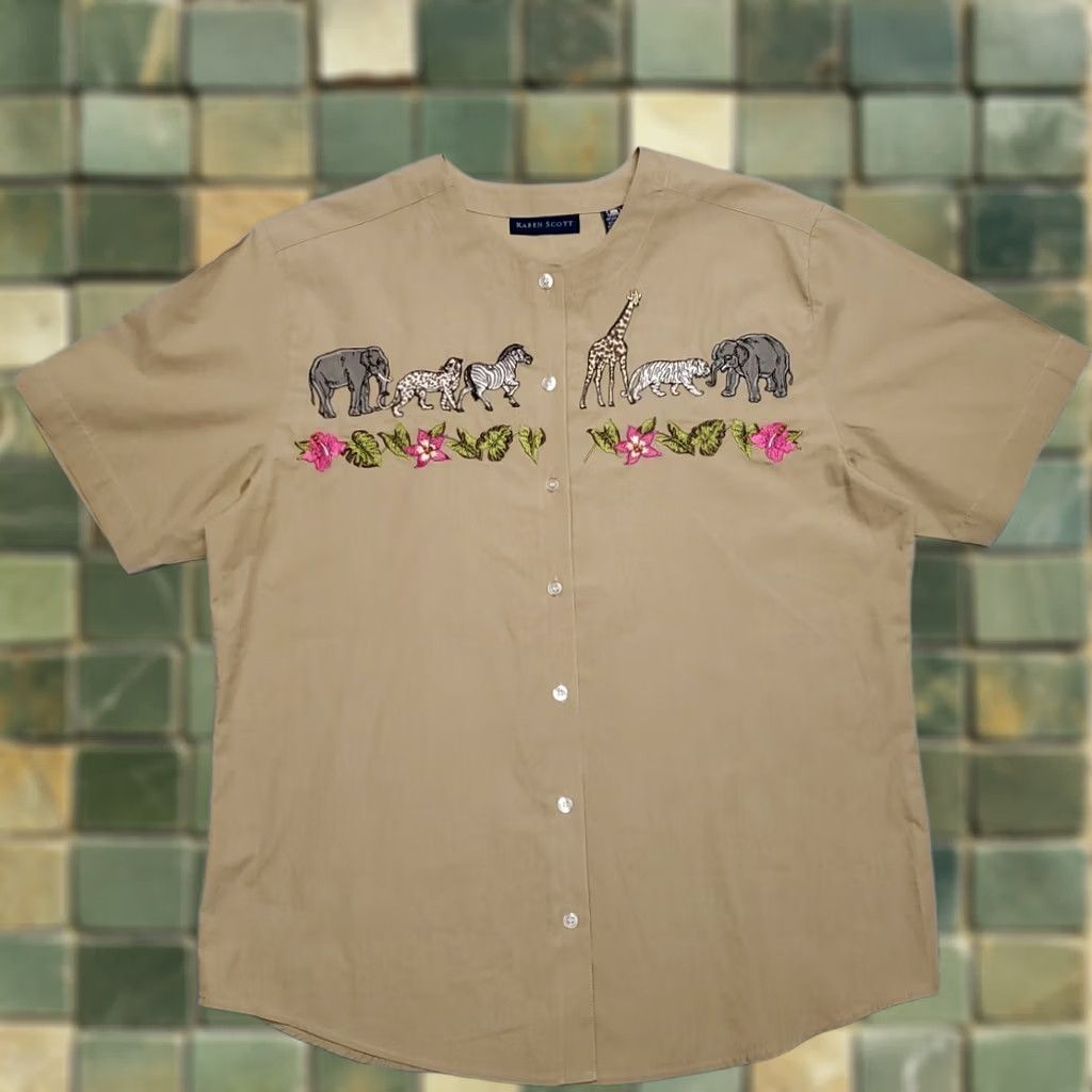 Vintage Karen Scott Shirt Women M Brown African Safari Animals Embroidered Cottage Core Vintage Button-Up Short Sleeve Denim? Size M / US 6-8 / IT 42-44 - 1 Thumbnail