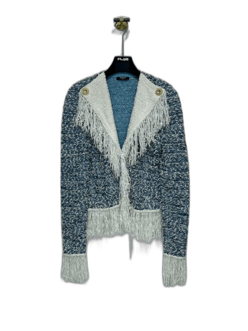 Balmain Balmain Blue and White Fringed Cardigan-yf Size US S / EU 44-46 / 1 - 1 Thumbnail