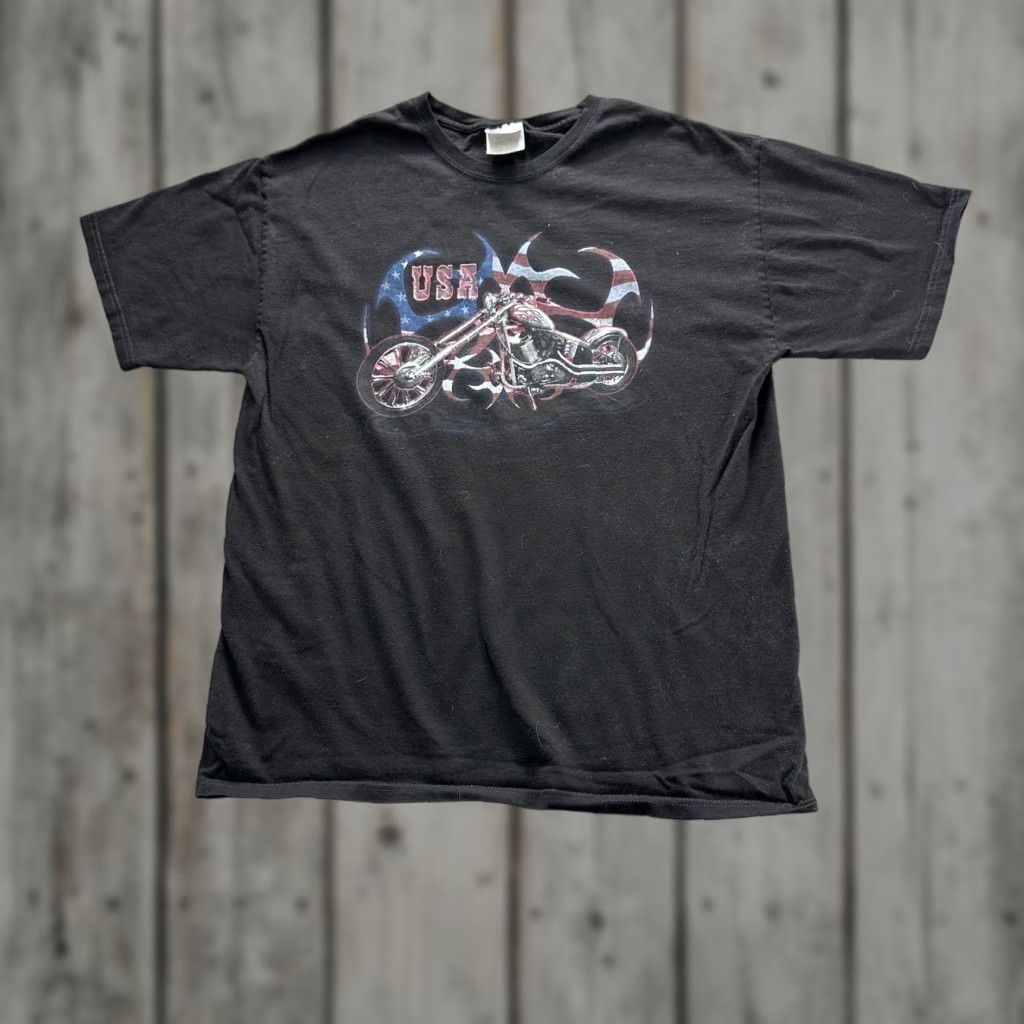 Hanes VINTAGE Hanes Shirt Mens Large Black USA American Flag Motorcycle Graphic Tee Patriotic Size US L / EU 52-54 / 3 - 1 Thumbnail
