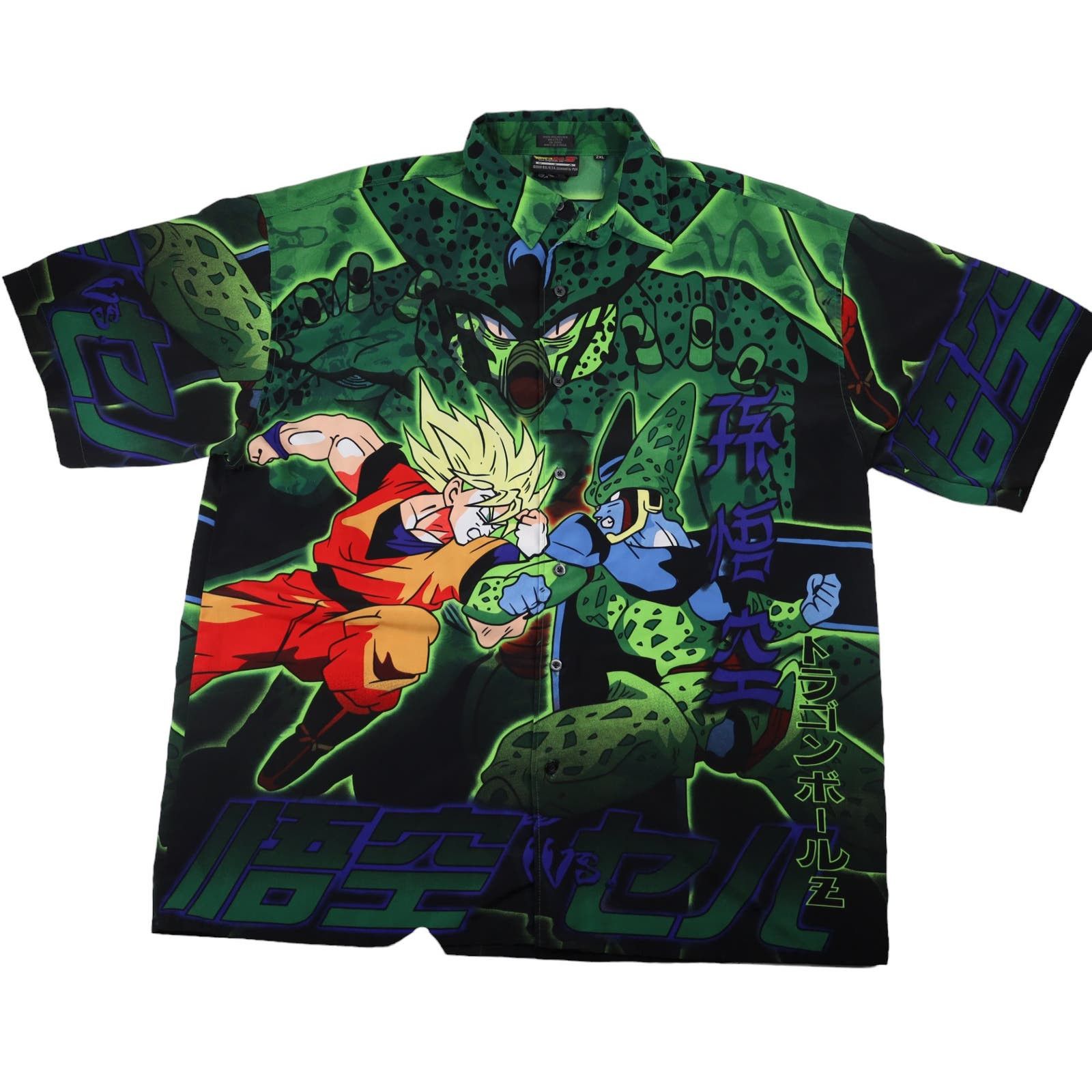 image of Vintage Y2K Dragon Ball Z Goku Vs Cell Button Up Shirt in Green, Men's (Size XL)