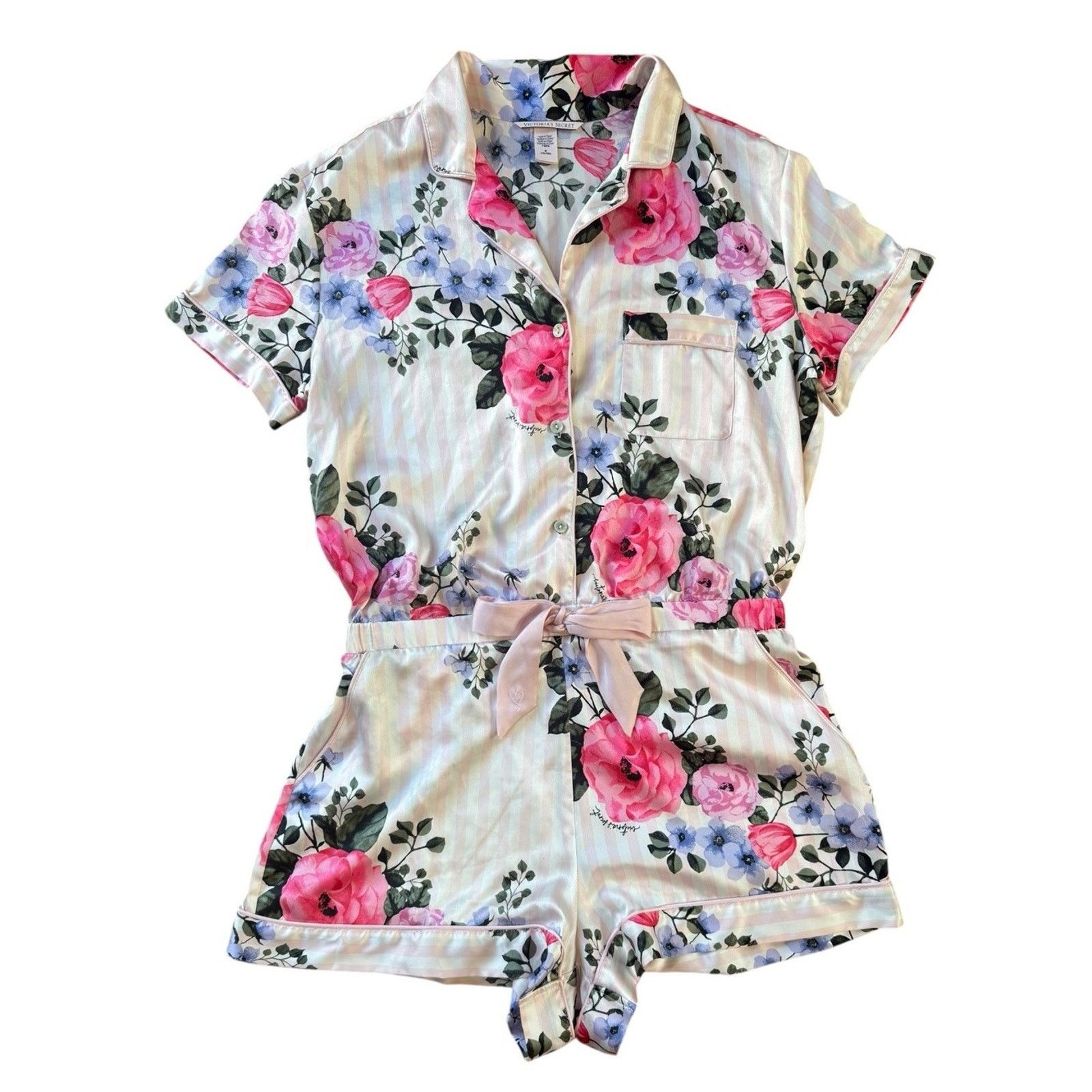 Victoria's Secret VICTORIA’S SECRET Satin Floral Striped Pajama Sleep Romper M Size ONE SIZE - 2 Thumbnail