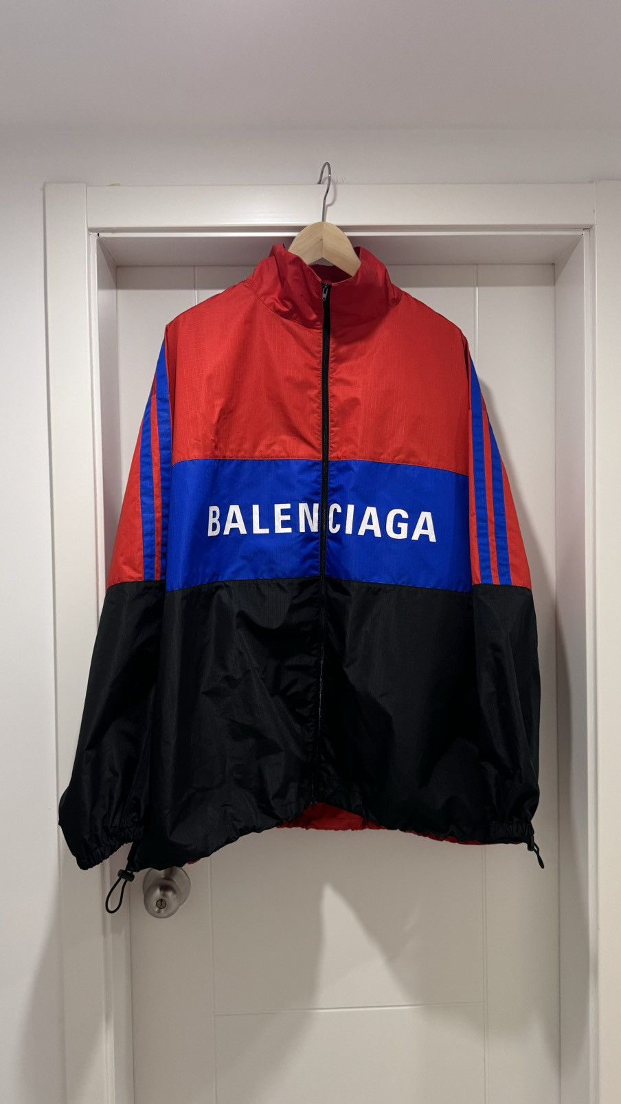 image of Balenciaga Patched Nylon Oversized Track Jacket in Black, Men's (Size Small)