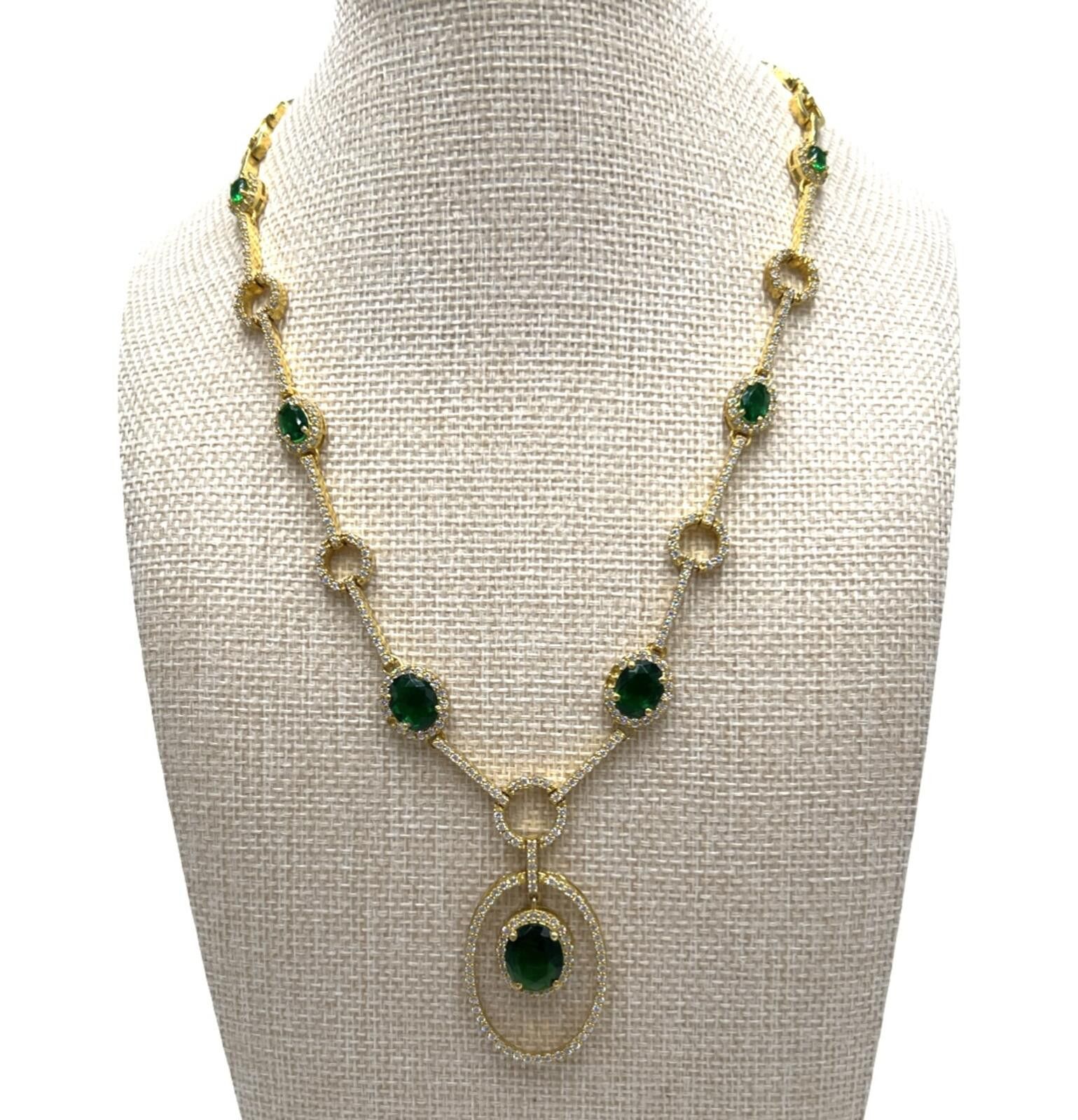Other Gold-Over-Sterling Silver Emerald and CZ Art Deco Necklace Size ONE SIZE - 1 Thumbnail