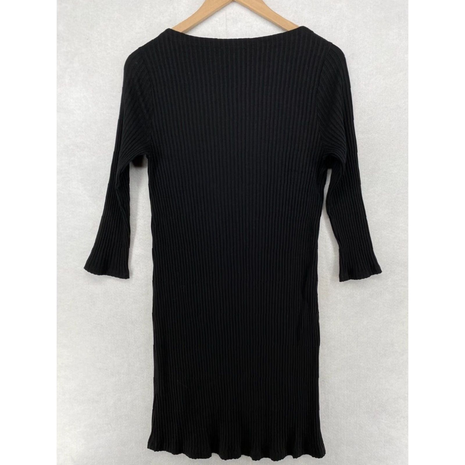 EILEEN FISHER Dress S Black Jersey Tencel Stretch Ribbed Bodycon 3/4 Sleeve  USA