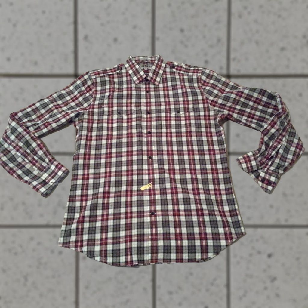 Express Mens Express Plaid Dress Shirt Large 16 1/2 Cotton Long Sleeve Button-Down Red Barrel Cuff Mens Clothing Size 42R - 1 Thumbnail