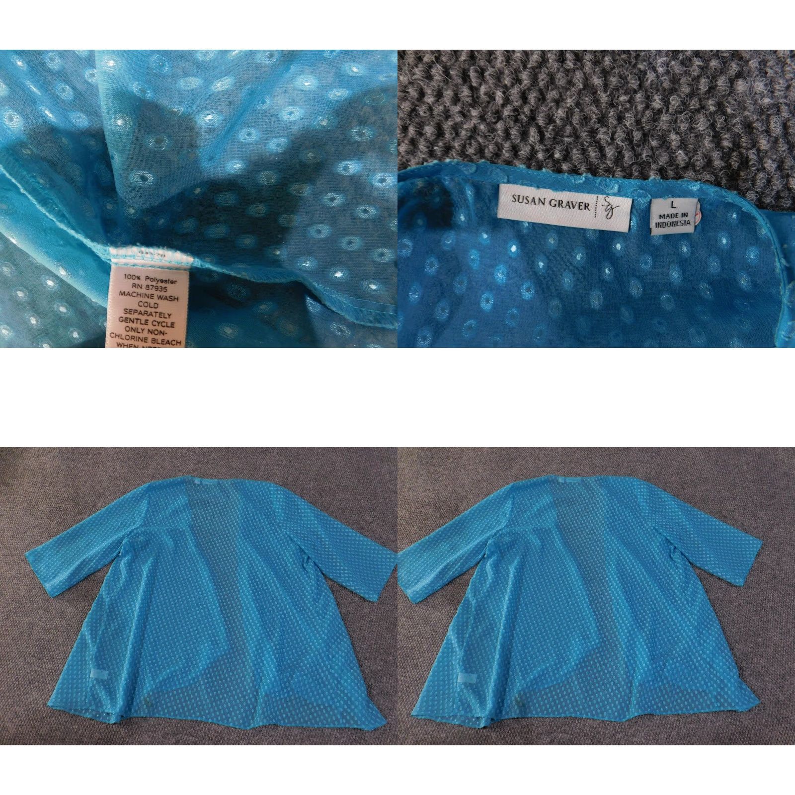 Vintage Susan Graver Blouse Kimono Cardigan Womens L Blue 3/4 Sleeve Sheer Open Front Topper Polka Dot Lightweight Open Front Size L / US 10 / IT 46 - 8 Thumbnail