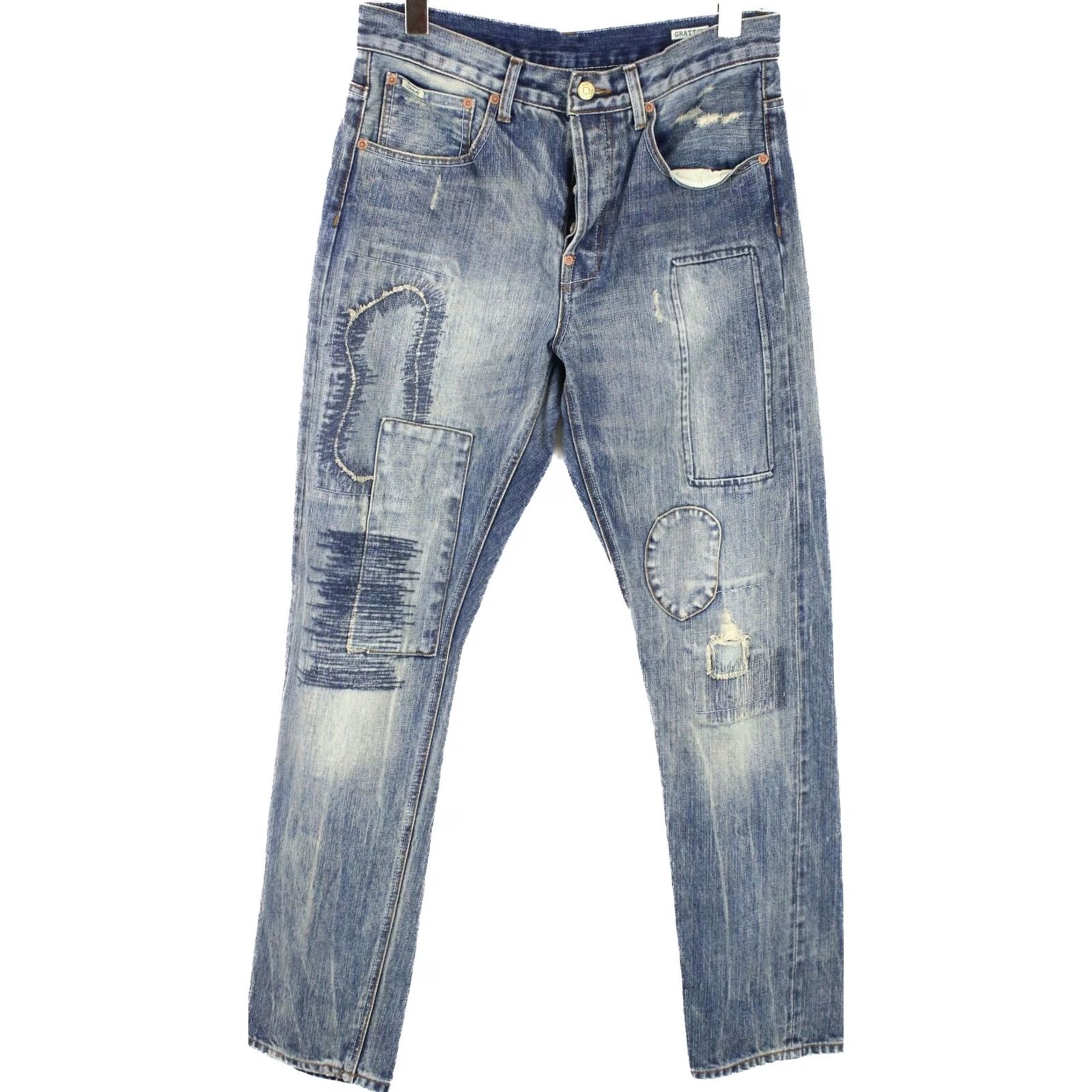 Emmett Emmett E D Gratton Patch 523 Jeans Men's W29/L32 Slim Distressed Whiskers Selvedge Blue Denim Casual Jeans Mens Size US 29 - 4 Thumbnail