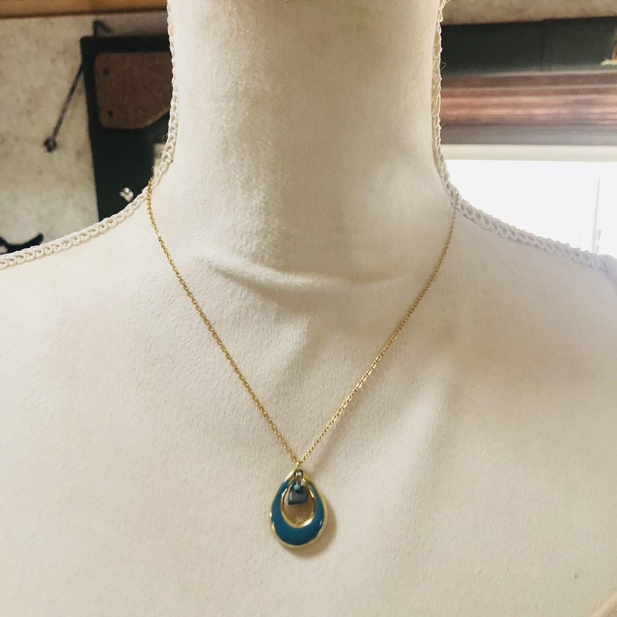 Handmade Handcrafted vintage turquoise enamel basalt rock necklace Size ONE SIZE - 2 Thumbnail