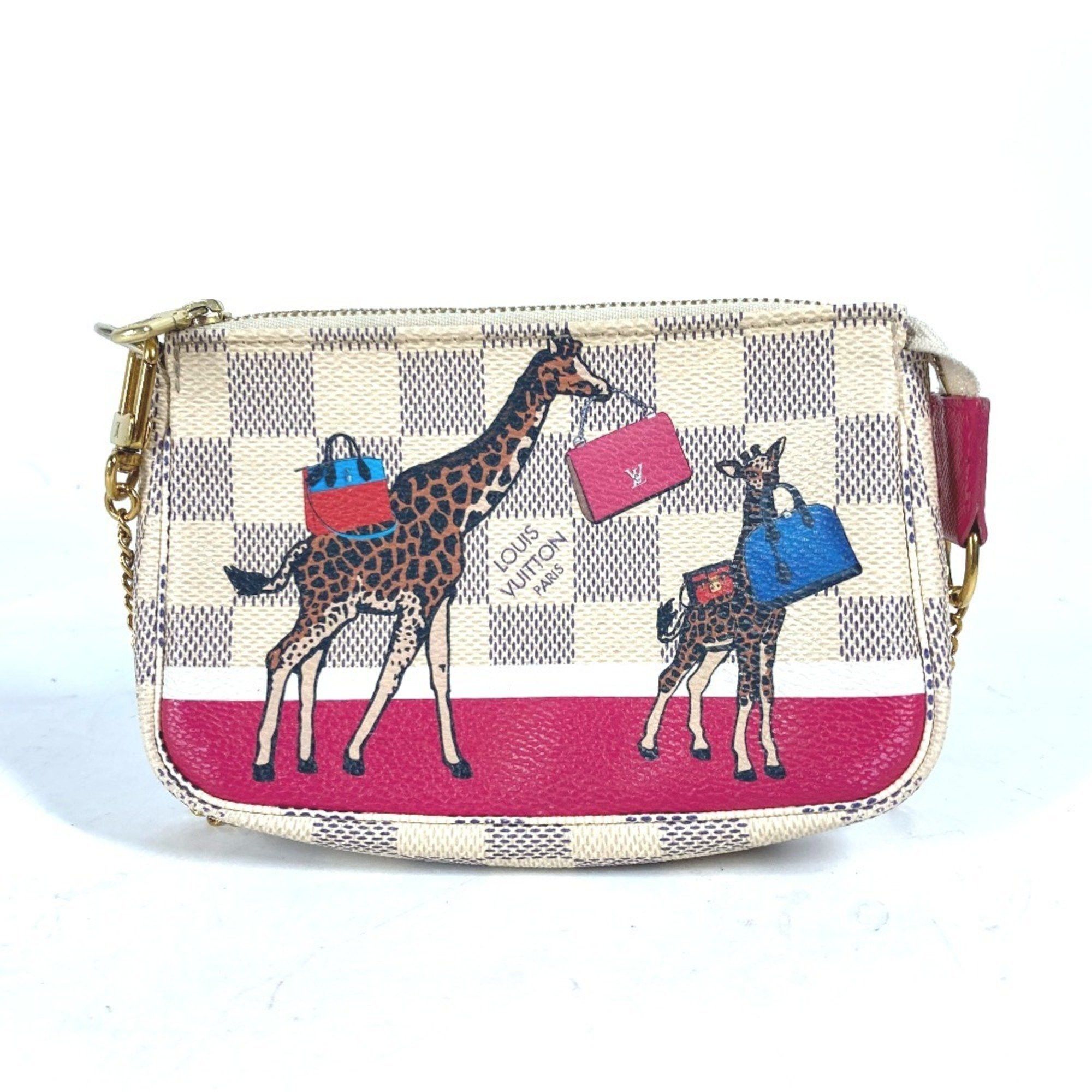 Louis Vuitton N62200 Damier Azur Giraffe Mini Pochette Accessoires Bag Accessory Pouch Handbag Shoulder Canvas Women's White in Pink