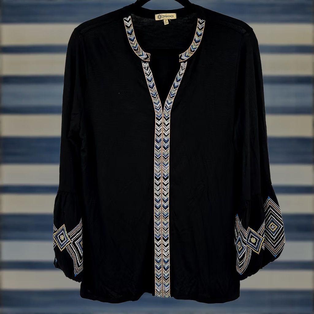 Vintage Democracy Blouse Black Knit Embroidered Boho Puff Sleeve Slub Peasant V-Neck Shirt Womens S 90s Festival Ethnic Size S / US 4 / IT 40 - 1 Thumbnail