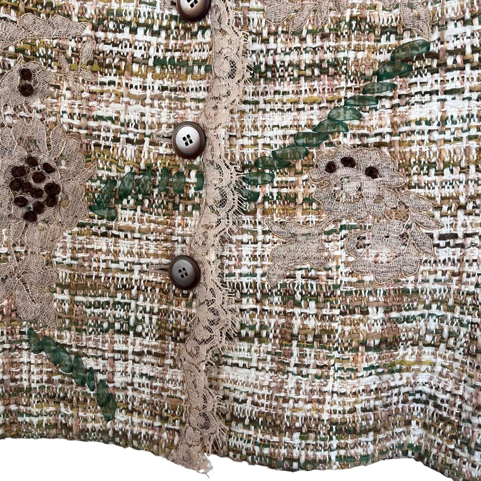 Other Vintage Rickie Freeman Teri Jon Beige Green Tweed Lace Trim Size 34" / US 12 / IT 48 - 5 Thumbnail