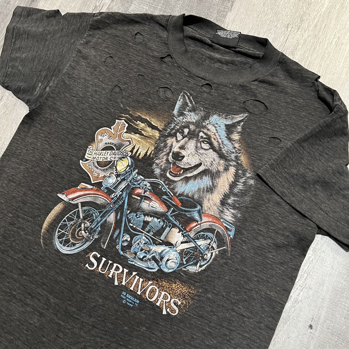 Harley Davidson × Vintage 3D Emblem VTG Harley Davidson SURVIVORS 1989 Wolf T Shirt Size US L / EU 52-54 / 3 - 3 Thumbnail