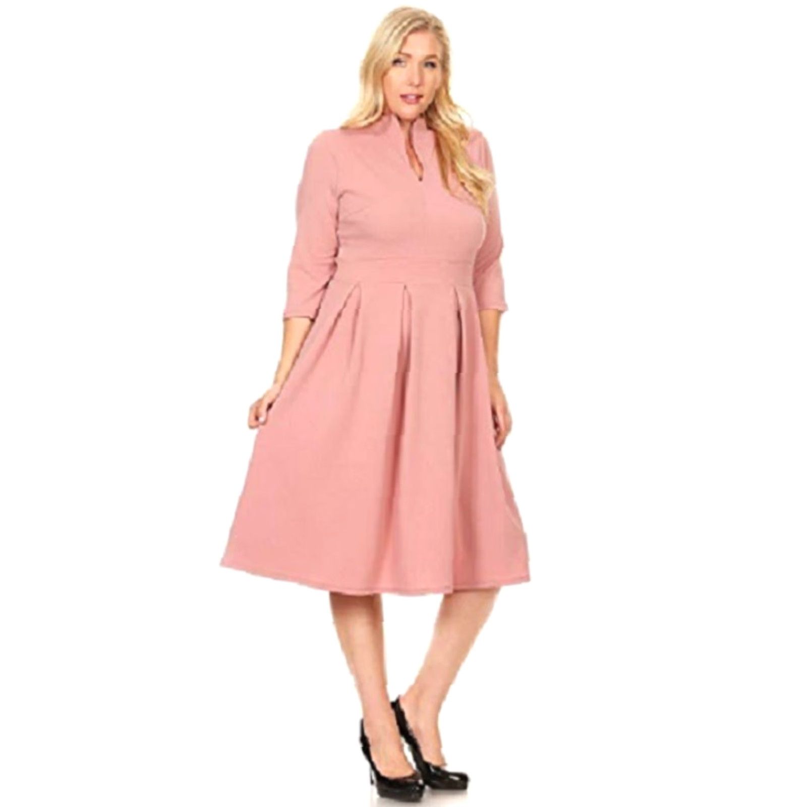 Vintage Pastel by Vivienne Women's Textured Fit & Flare Midi Dress with Pleated Skirt in Plus Size Pink Rose 3XL V-Neck A-Line 3/4 Sleeve Size 40" / US 18 - 2 Thumbnail