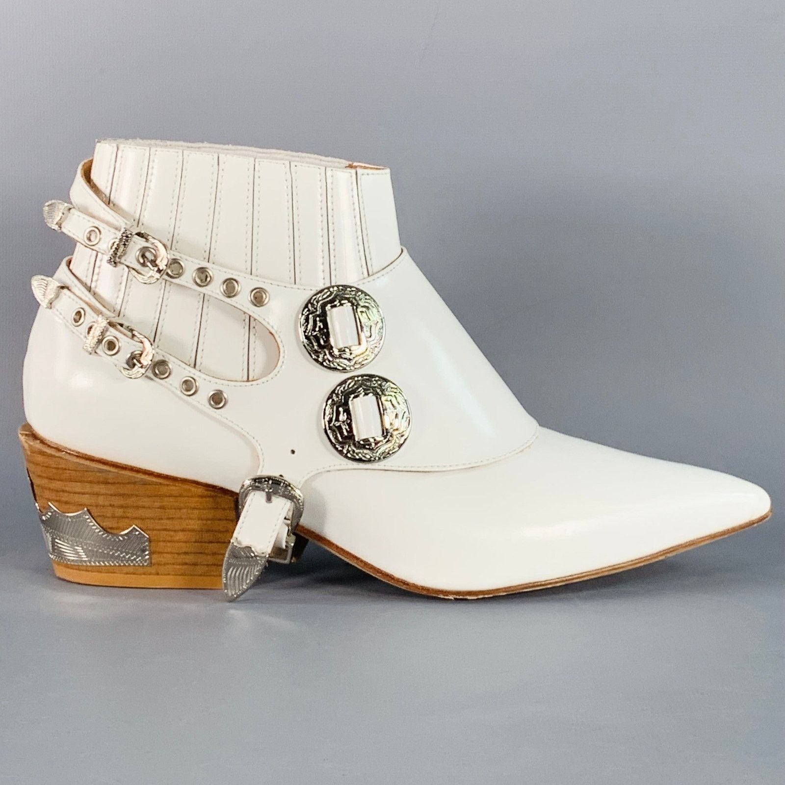Toga Pulla White Silver Leather Pull On Western Harness Boots Size US 8.5 / IT 38.5 - 2 Thumbnail